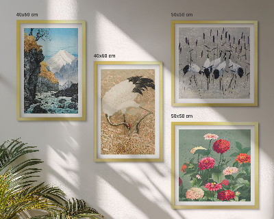 Conjunto de 4 quadros com moldura Montanhas, rio, flores, garças