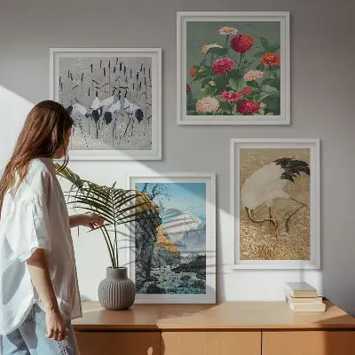 Conjunto de 4 quadros com moldura com estampas de montanhas, rio, flores e garças