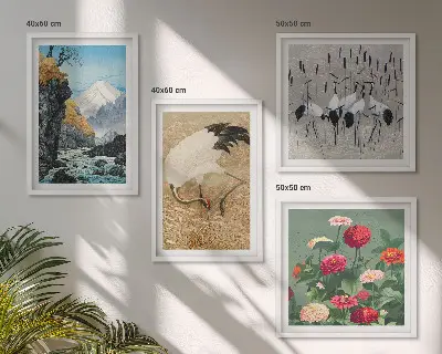 Conjunto de 4 quadros com moldura com estampas de montanhas, rio, flores e garças