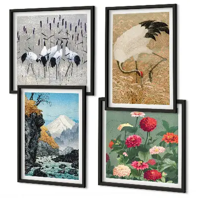 Conjunto de 4 quadros com moldura com estampas de montanhas, rio, flores e garças