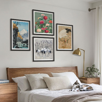 Conjunto de 4 quadros com moldura Montanhas, rio, flores, garças
