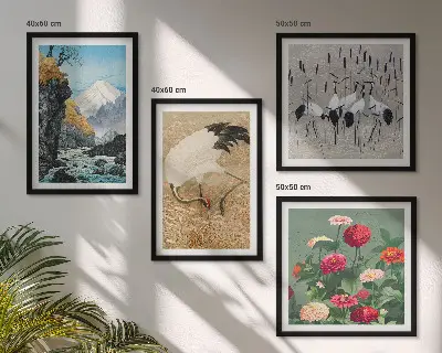 Conjunto de 4 quadros com moldura com estampas de montanhas, rio, flores e garças