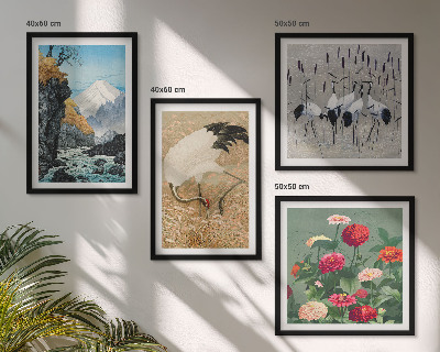 Conjunto de 4 quadros com moldura Montanhas, rio, flores, garças