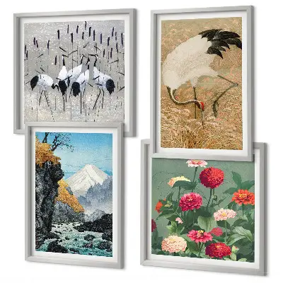 Conjunto de 4 quadros com moldura com estampas de montanhas, rio, flores e garças