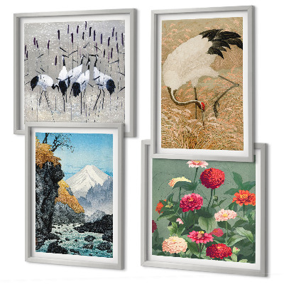 Conjunto de 4 quadros com moldura Montanhas, rio, flores, garças