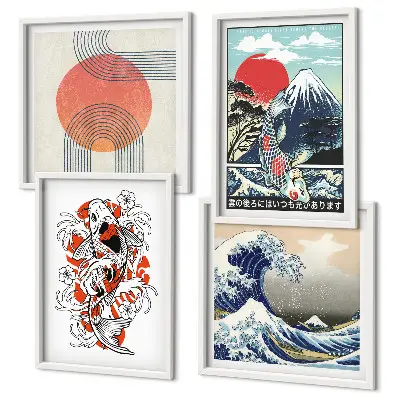 Composição de quadros ilustrações de montanhas com peixes ondulantes estilo japonês
