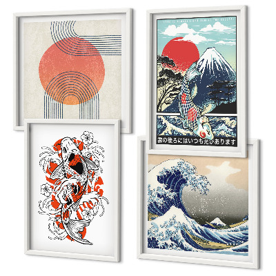 Composição de quadros Ilustrações de montanhas de peixes ondulando no Japão