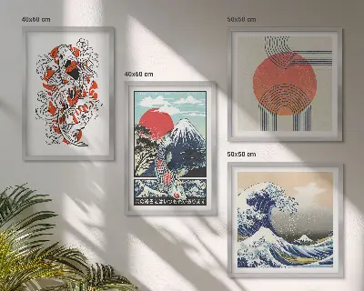 Composição de quadros ilustrações de montanhas com peixes ondulantes estilo japonês