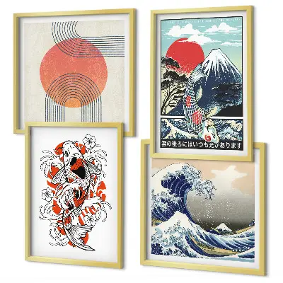Composição de quadros ilustrações de montanhas com peixes ondulantes estilo japonês
