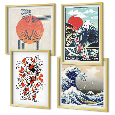 Composição de quadros Ilustrações de montanhas de peixes ondulando no Japão