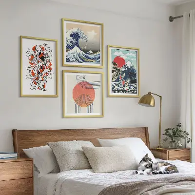 Composição de quadros ilustrações de montanhas com peixes ondulantes estilo japonês