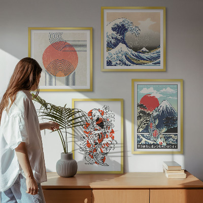 Composição de quadros Ilustrações de montanhas de peixes ondulando no Japão