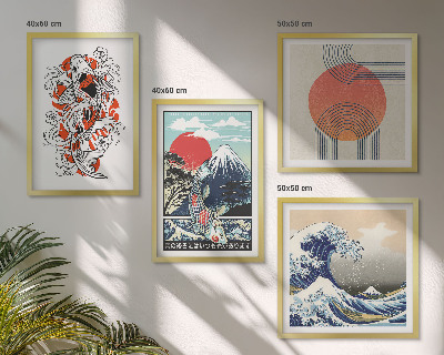 Composição de quadros Ilustrações de montanhas de peixes ondulando no Japão