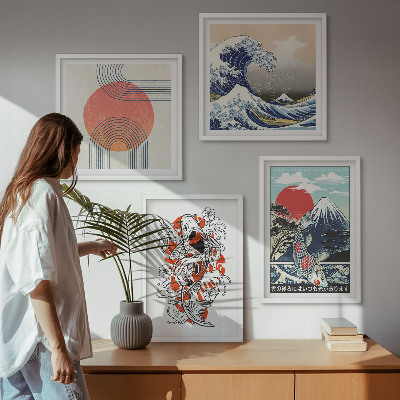 Composição de quadros Ilustrações de montanhas de peixes ondulando no Japão
