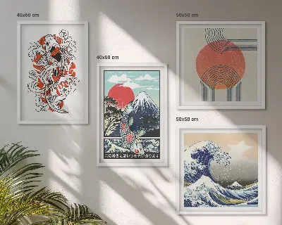 Composição de quadros ilustrações de montanhas com peixes ondulantes estilo japonês