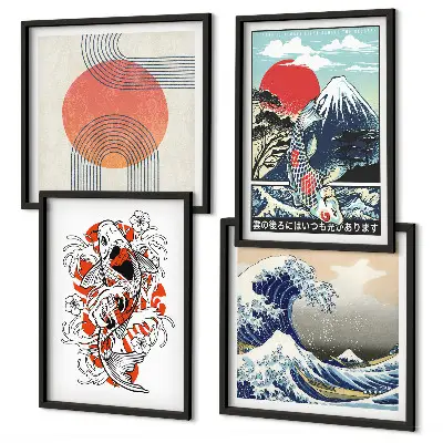 Composição de quadros ilustrações de montanhas com peixes ondulantes estilo japonês