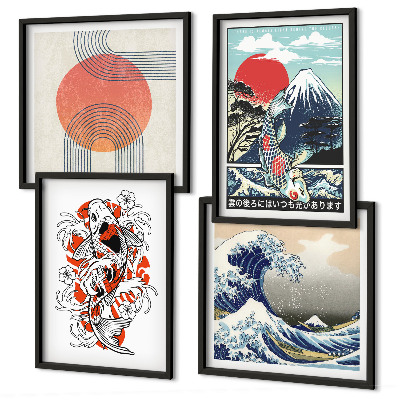 Composição de quadros Ilustrações de montanhas de peixes ondulando no Japão