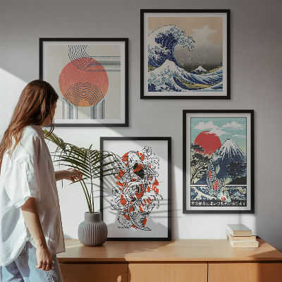 Composição de quadros Ilustrações de montanhas de peixes ondulando no Japão
