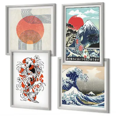 Composição de quadros ilustrações de montanhas com peixes ondulantes estilo japonês