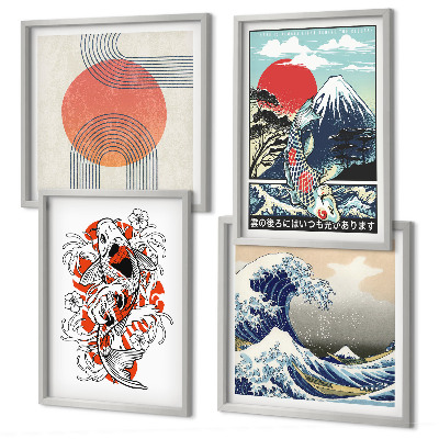 Composição de quadros Ilustrações de montanhas de peixes ondulando no Japão