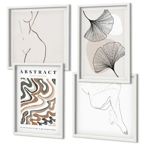 Conjunto de 4 quadros com moldura de formas abstratas de folhas estilo boho