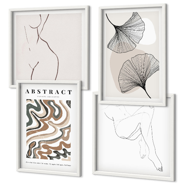 Conjunto de 4 quadros com moldura Formas abstratas de folhas boho