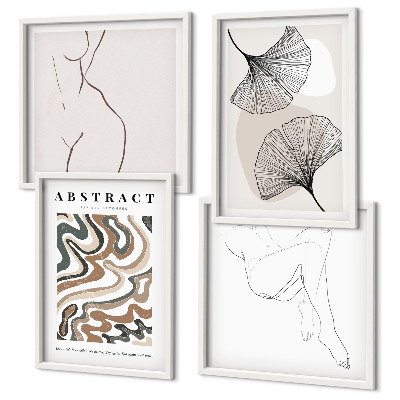 Conjunto de 4 quadros com moldura Formas abstratas de folhas boho