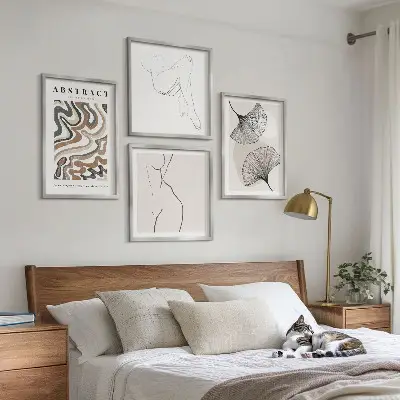 Conjunto de 4 quadros com moldura de formas abstratas de folhas estilo boho