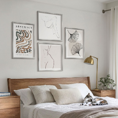 Conjunto de 4 quadros com moldura Formas abstratas de folhas boho