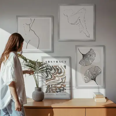 Conjunto de 4 quadros com moldura de formas abstratas de folhas estilo boho
