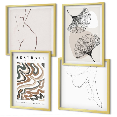 Conjunto de 4 quadros com moldura Formas abstratas de folhas boho