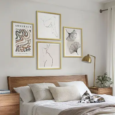Conjunto de 4 quadros com moldura de formas abstratas de folhas estilo boho