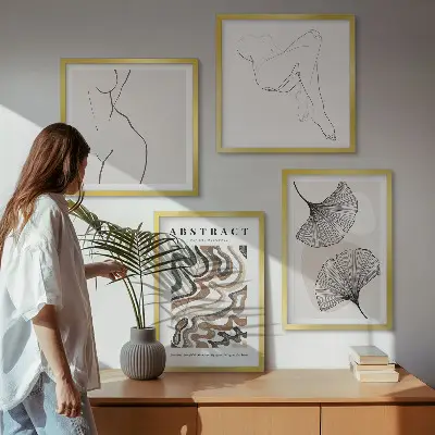 Conjunto de 4 quadros com moldura de formas abstratas de folhas estilo boho