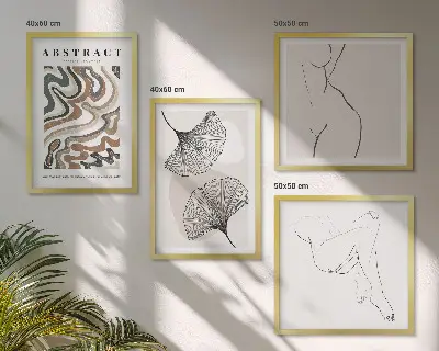 Conjunto de 4 quadros com moldura de formas abstratas de folhas estilo boho