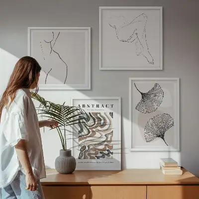 Conjunto de 4 quadros com moldura de formas abstratas de folhas estilo boho