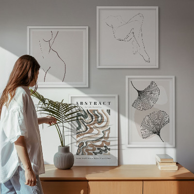 Conjunto de 4 quadros com moldura Formas abstratas de folhas boho