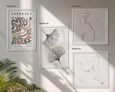 Conjunto de 4 quadros com moldura de formas abstratas de folhas estilo boho