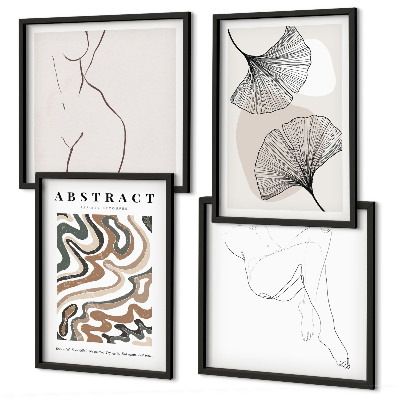 Conjunto de 4 quadros com moldura Formas abstratas de folhas boho