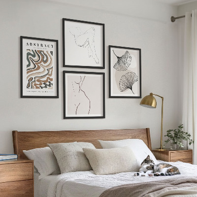 Conjunto de 4 quadros com moldura Formas abstratas de folhas boho