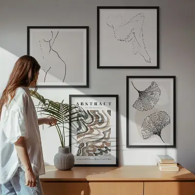 Conjunto de 4 quadros com moldura de formas abstratas de folhas estilo boho