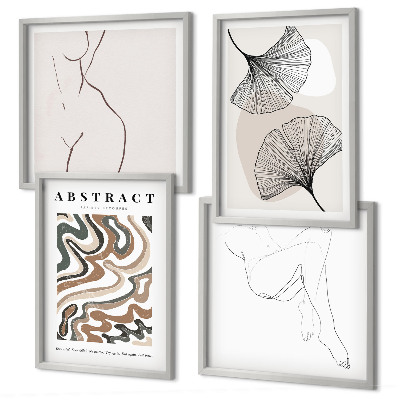 Conjunto de 4 quadros com moldura Formas abstratas de folhas boho