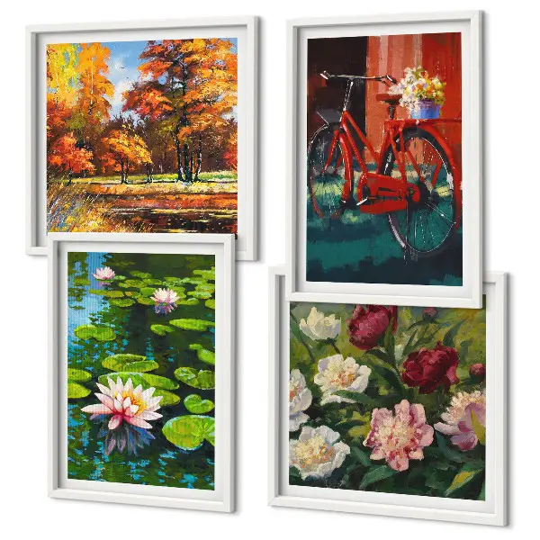 Composição de quadros nenúfares e flores de bicicleta