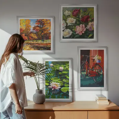Composição de quadros nenúfares e flores de bicicleta