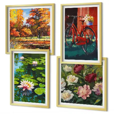 Composição de quadros nenúfares e flores de bicicleta