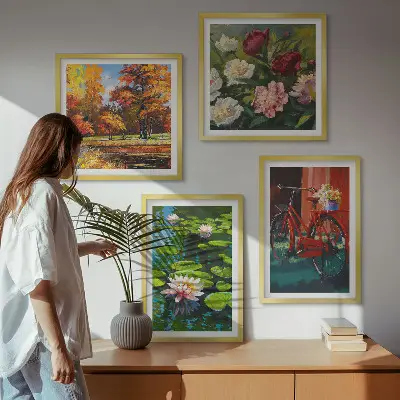 Composição de quadros nenúfares e flores de bicicleta