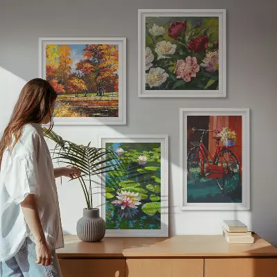 Composição de quadros nenúfares e flores de bicicleta