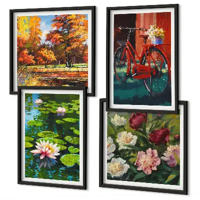 Composição de quadros nenúfares e flores de bicicleta