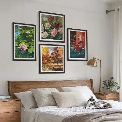 Composição de quadros nenúfares e flores de bicicleta