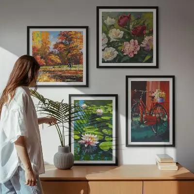 Composição de quadros nenúfares e flores de bicicleta