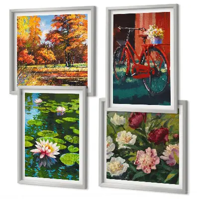 Composição de quadros nenúfares e flores de bicicleta